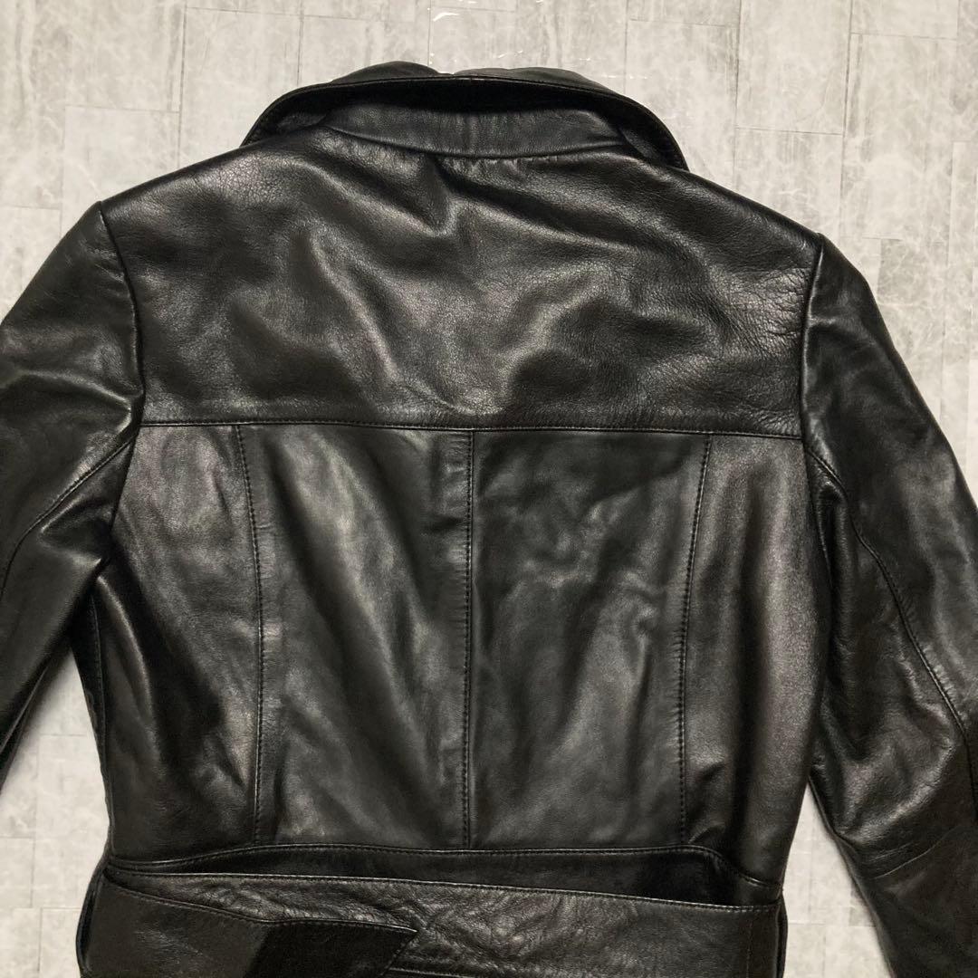 レザージャケット　ロング丈　ブラック　本革　ベルト　Mサイズ　ラムレザー