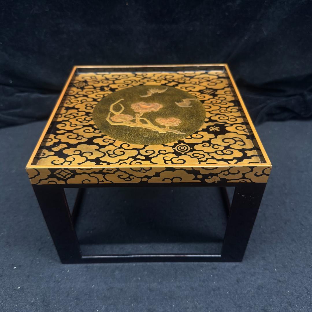 江戸中・後期 重金蒔絵 雲文霊芝様 献菓台 共箱 天然木 漆芸 　縁起