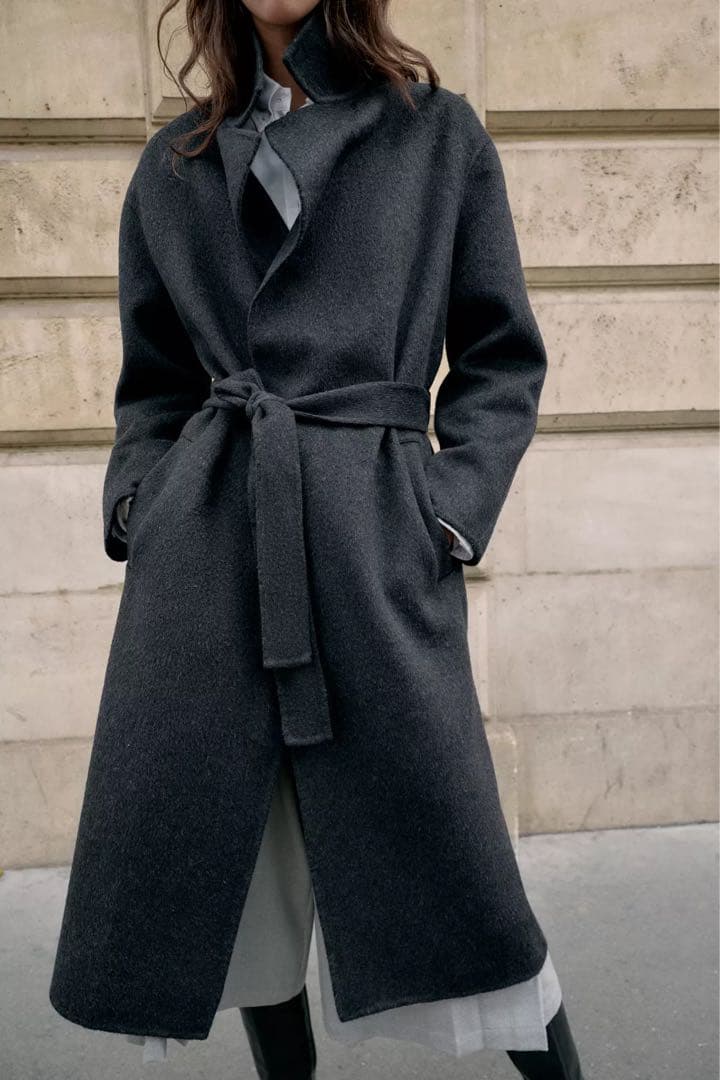 2025 ZARA ダークグレー ロングコート ウエストベルト付き　S