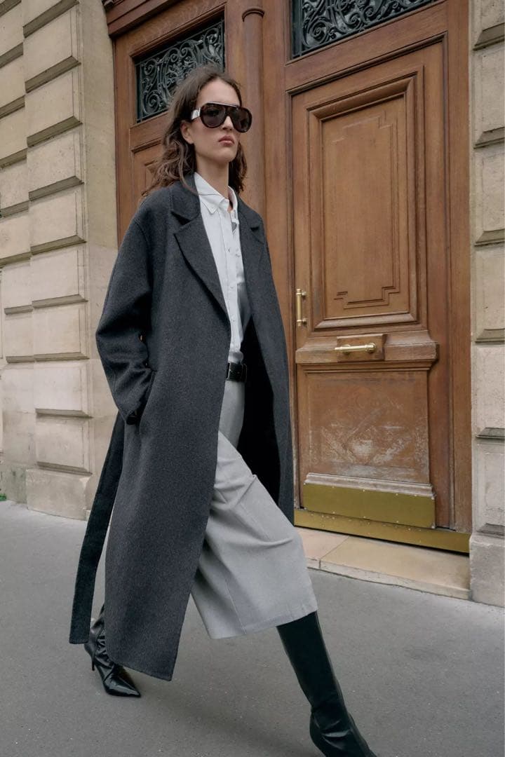 2025 ZARA ダークグレー ロングコート ウエストベルト付き　S