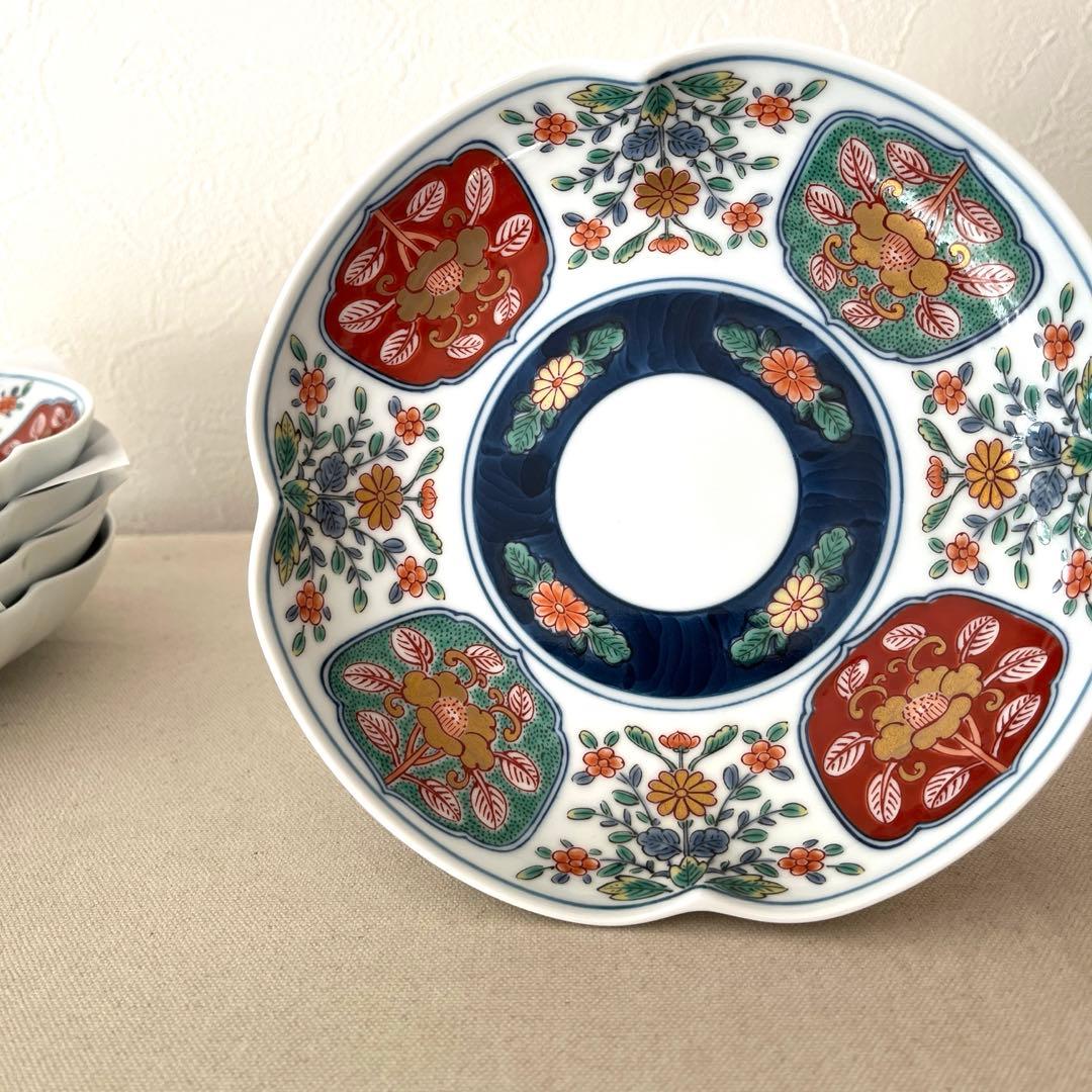 ○M648 ○有田焼 永祥窯 古伊万里　牡丹金彩 輪花皿【5枚】未使用　華やか