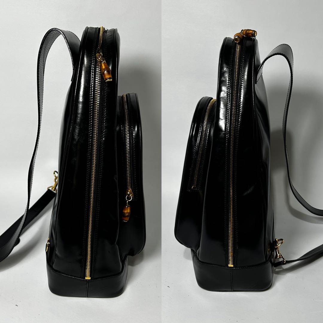 【良品】 GUCCI バンブー エナメル ボディーバッグ ロゴ型押し 黒 OLD