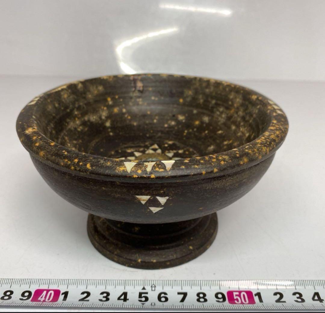 時代　木製螺鈿高台皿　14.3cm y629