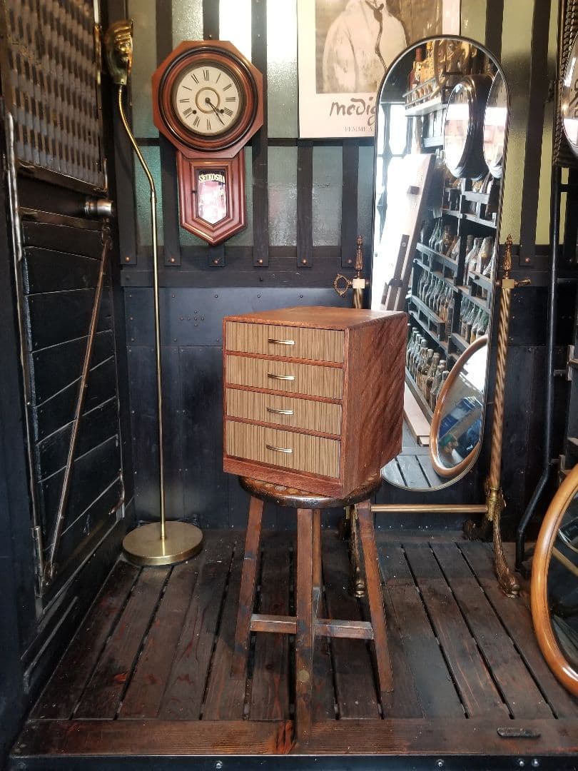 1960's　フレンチモダン　ポップ　楢　良杢　真鍮　組木　小引き出し