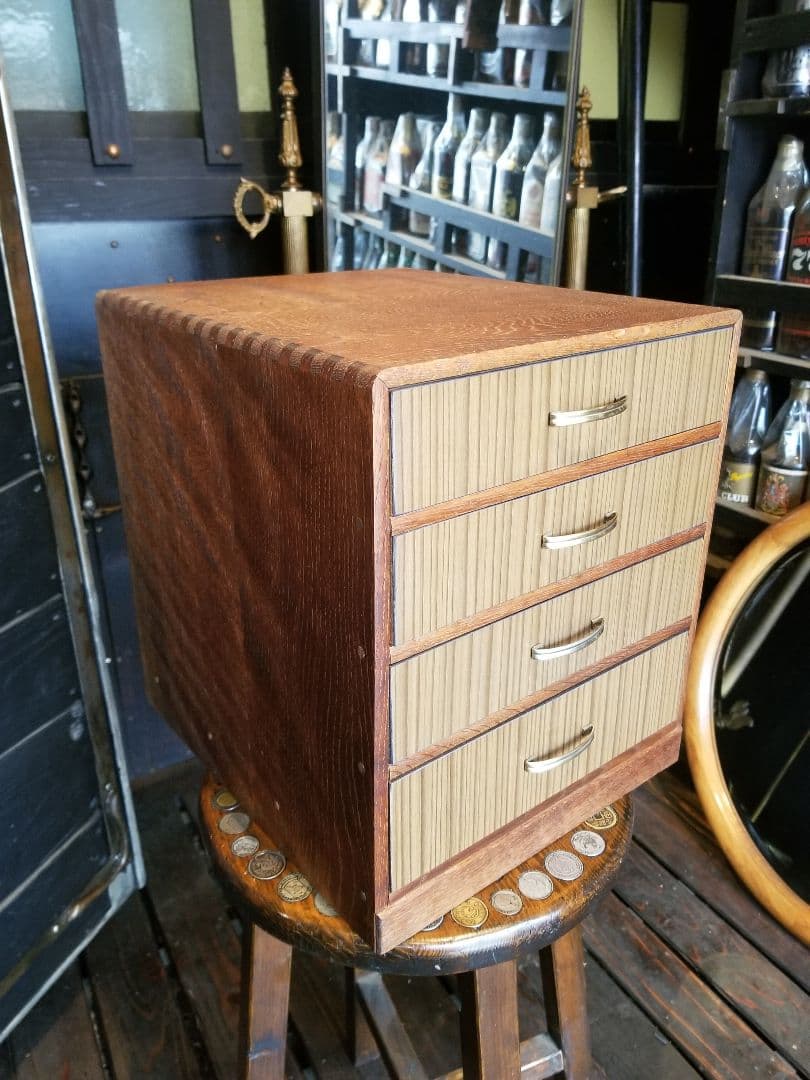 1960's　フレンチモダン　ポップ　楢　良杢　真鍮　組木　小引き出し