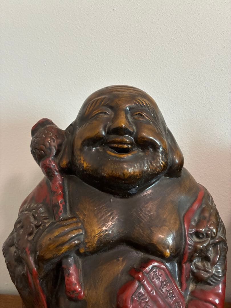 骨董 時代 布袋様 40㎝ 在銘 陶器 色彩 龍 置物 縁起物 招福 昭和