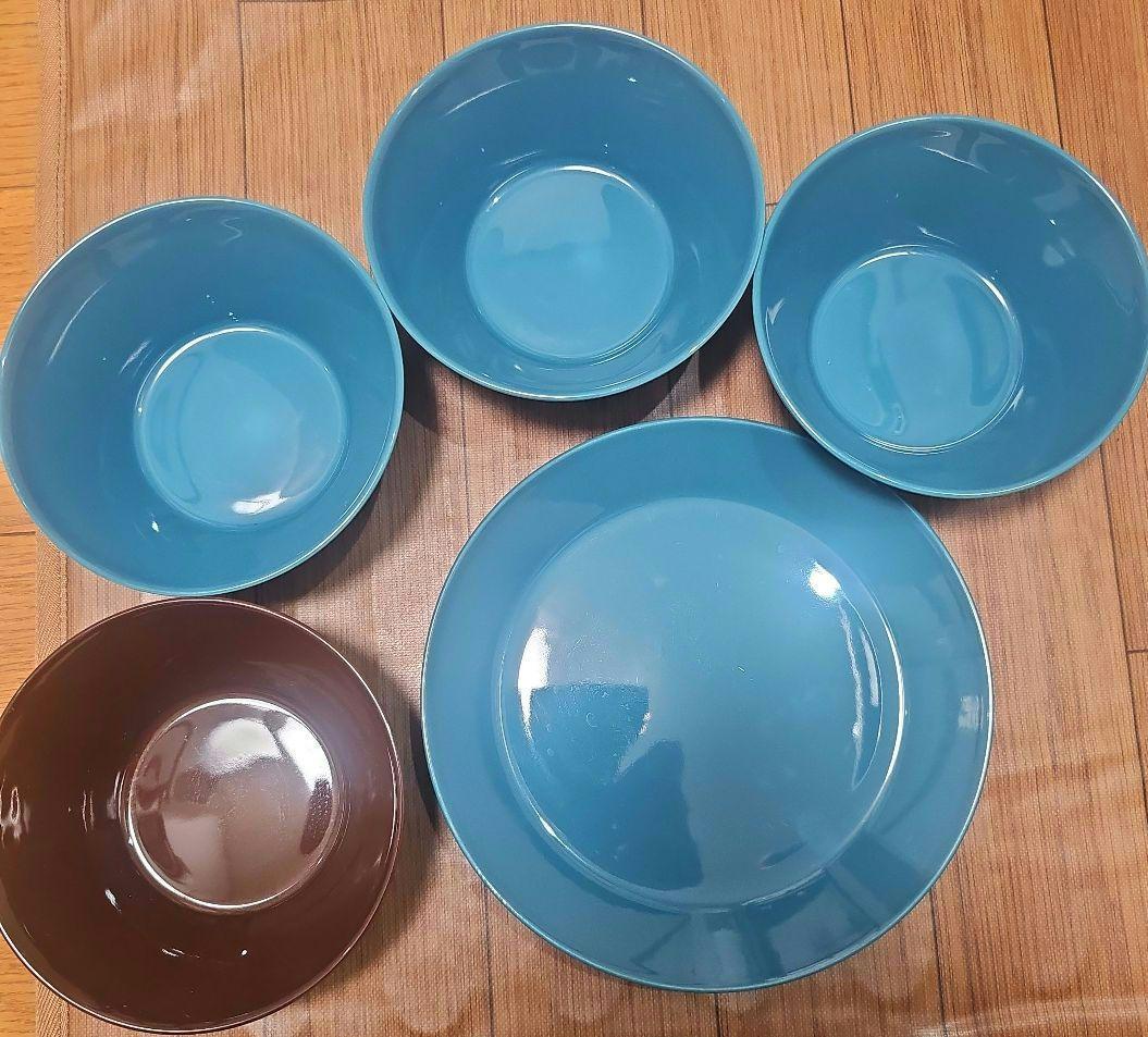青色 プレートとボウル3個&茶色ボウルの５点セット