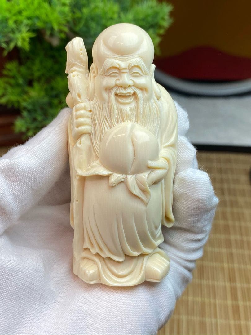 天然マンモス牙美しい手作り彫刻　1寿星公　置物