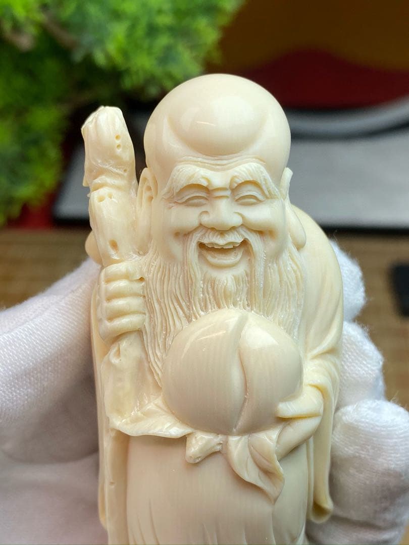 天然マンモス牙美しい手作り彫刻　1寿星公　置物