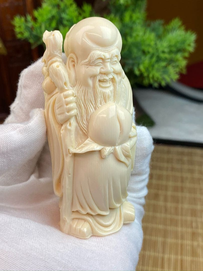 天然マンモス牙美しい手作り彫刻　1寿星公　置物