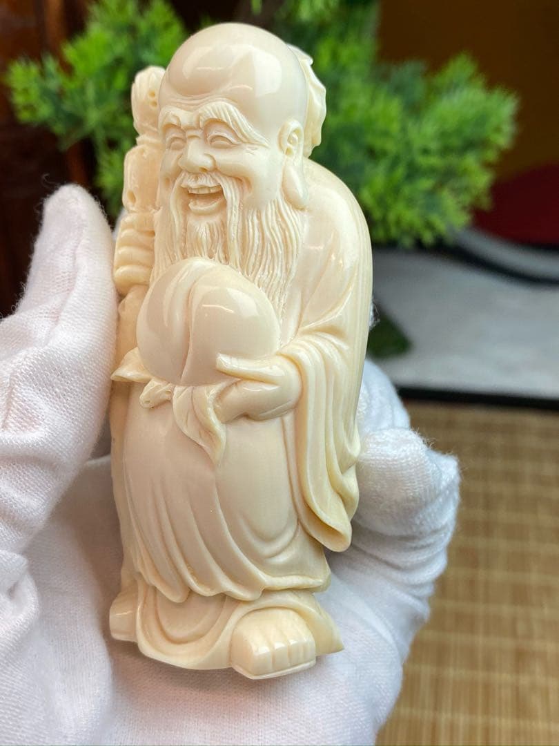 天然マンモス牙美しい手作り彫刻　1寿星公　置物