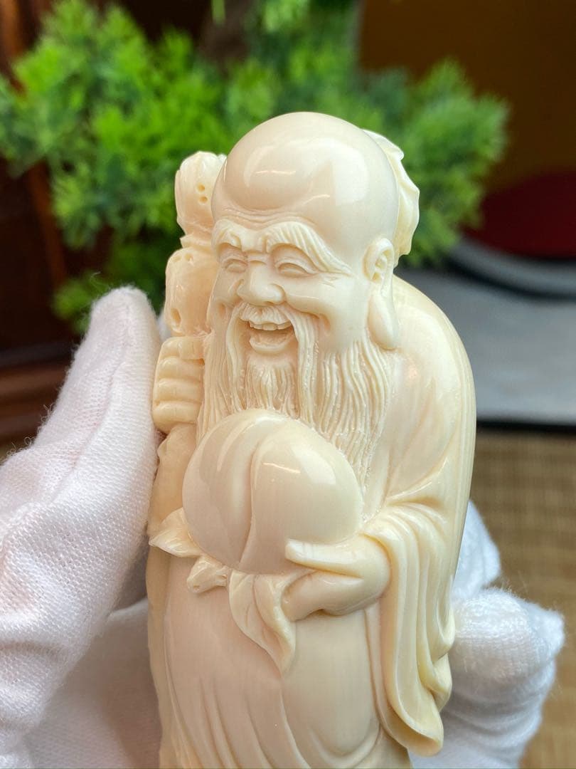 天然マンモス牙美しい手作り彫刻　1寿星公　置物