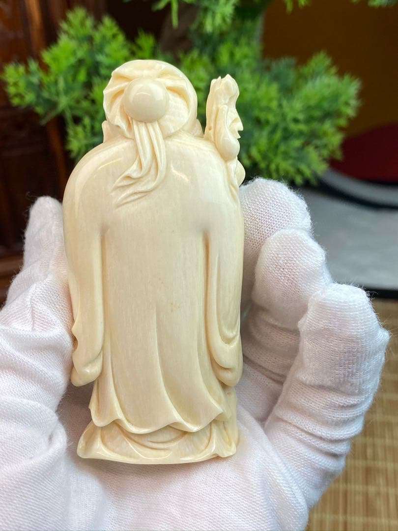 天然マンモス牙美しい手作り彫刻　1寿星公　置物