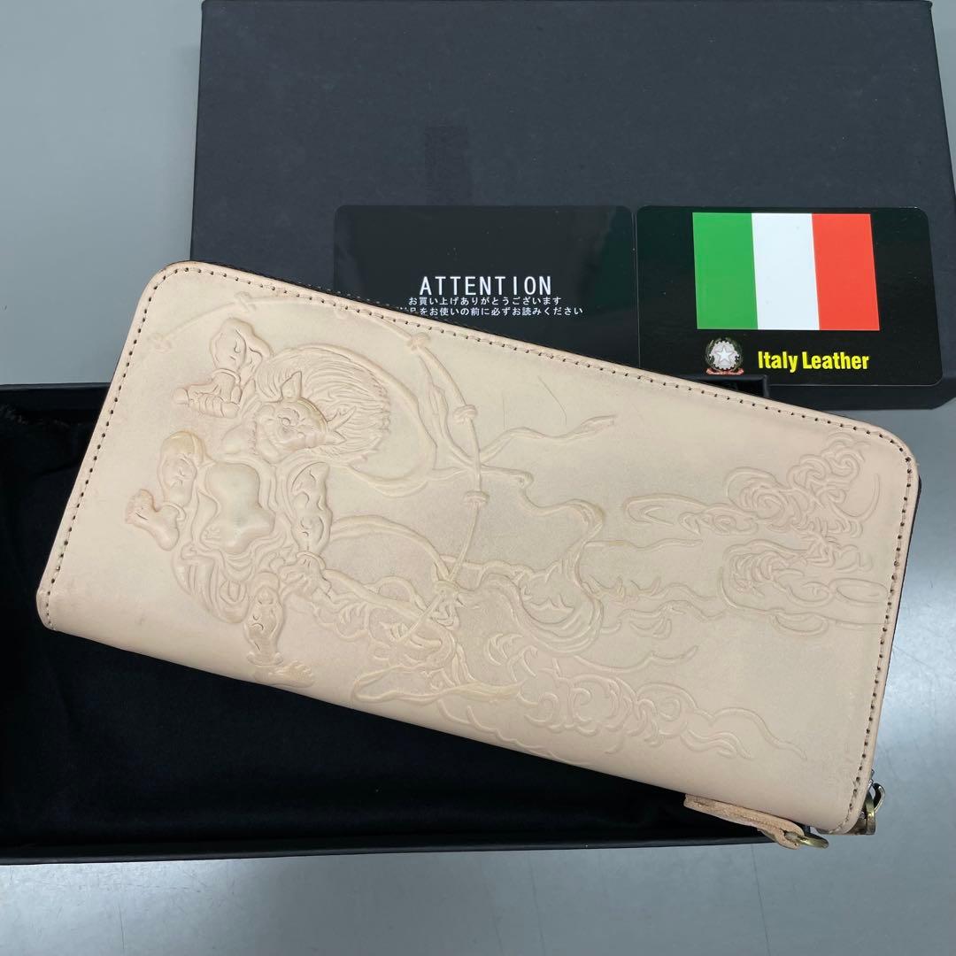 タイムセール新品‼️風神雷神　ラウンド長財布　ベージュ　イタリアンレザー　ヌメ革