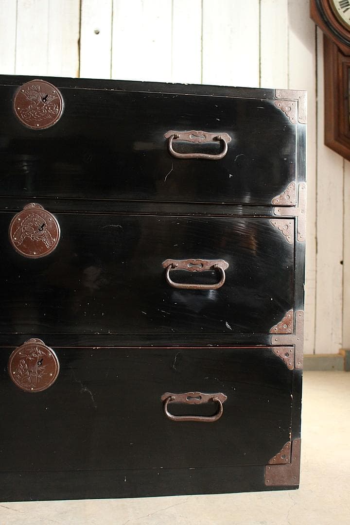 綺麗な丸金具庄内箪笥　3段　中桐　タンス　収納　古家具　古民家　時代家具