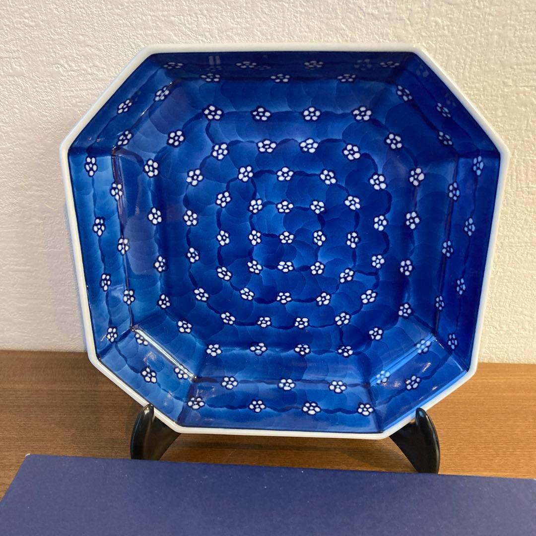 源右衛門窯　染付梅地紋　方皿　栞　箱