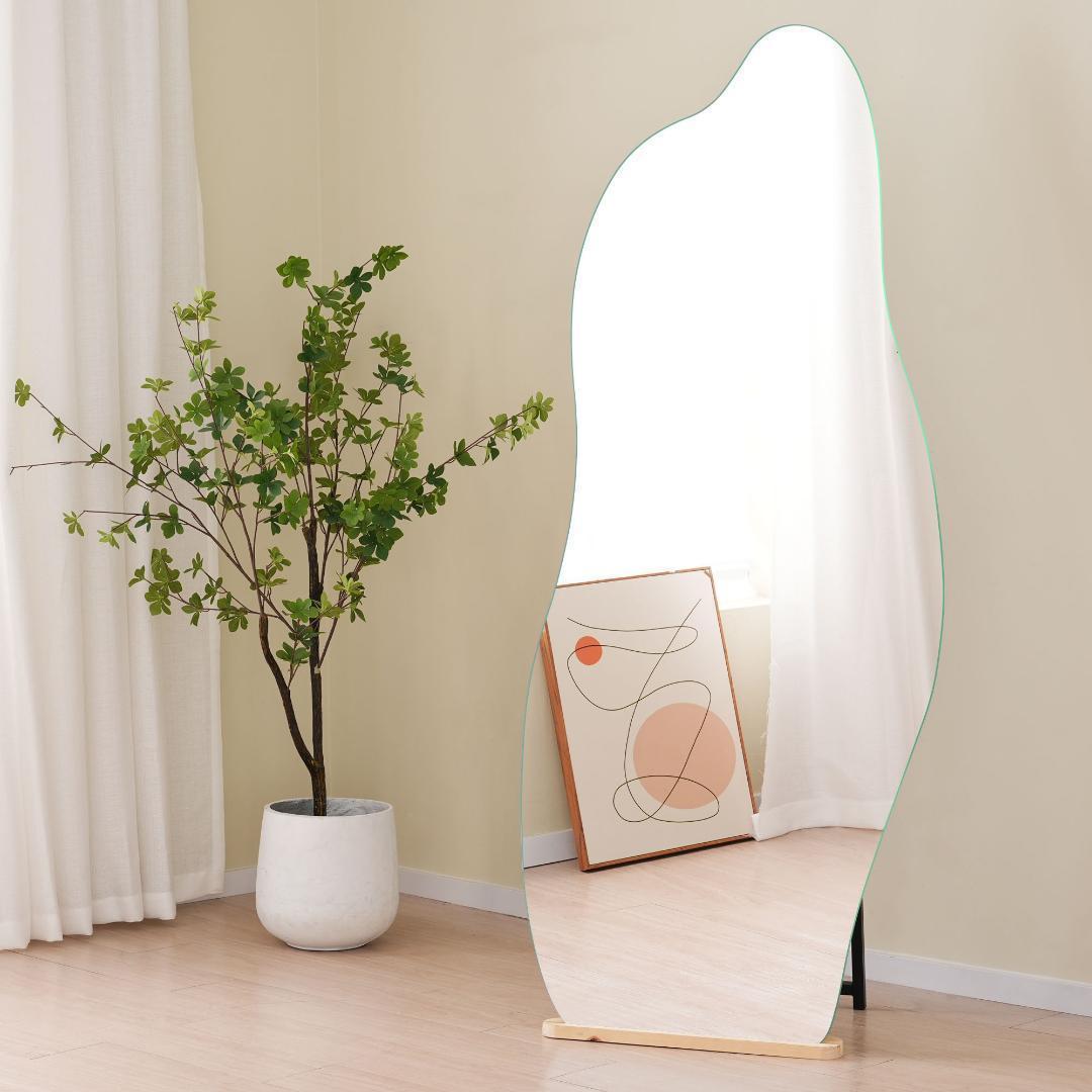 全身鏡姿見鏡スタンドミラー ノンフレームイレギュラミラー立てかけ姿見鏡大型木製台