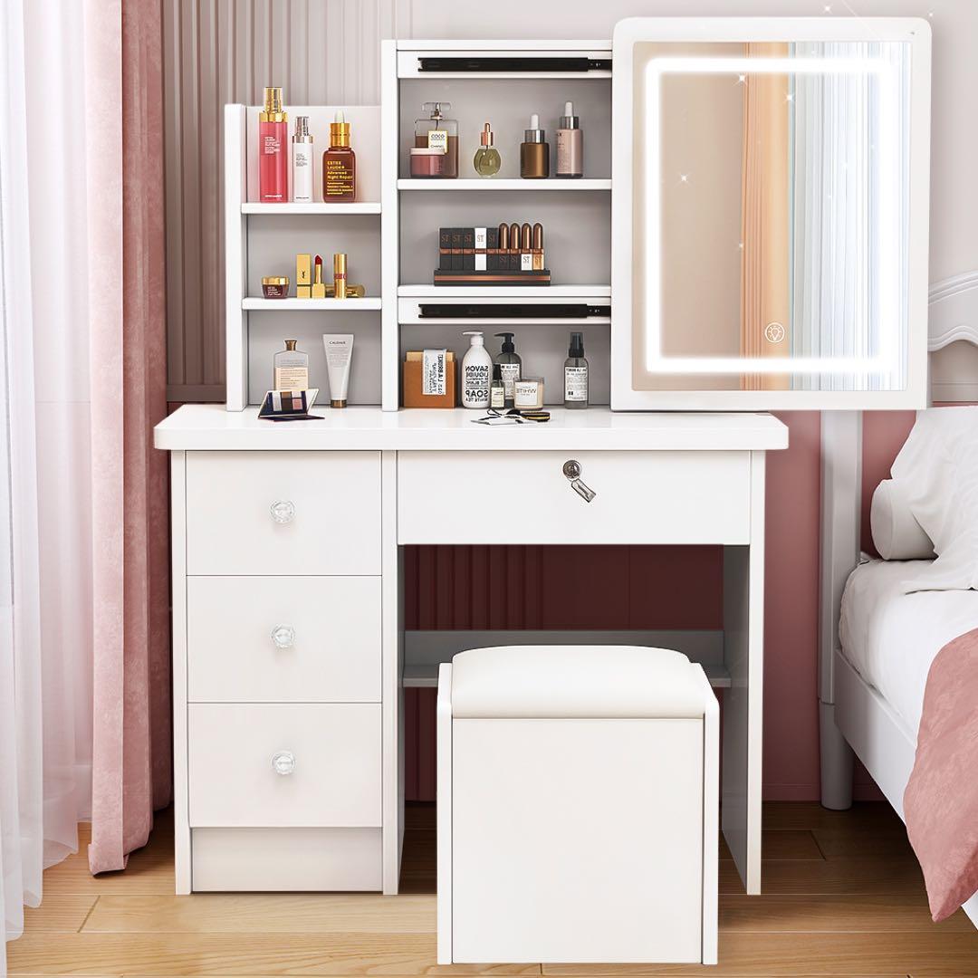 （期间限定）ドレッサー コンパクト 白 3色LED ライト収納沢山 化粧台