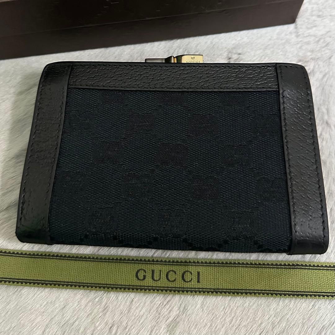 GUCCI グッチ　折り財布　ガマ口　メタルロゴ　キャンバス　GG ブラック