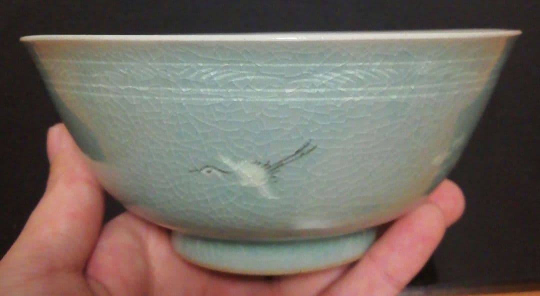 人間国宝　柳海剛作　青磁　鶴図　茶碗　共箱　茶道具