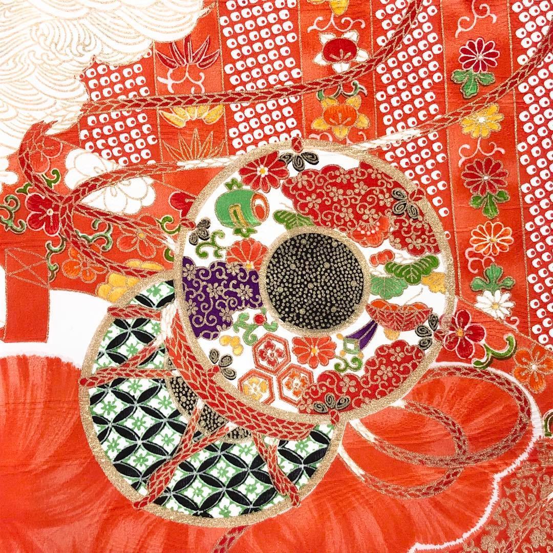 子供着物 七五三 3歳 鼓 花模様 赤橙色 CK-7380