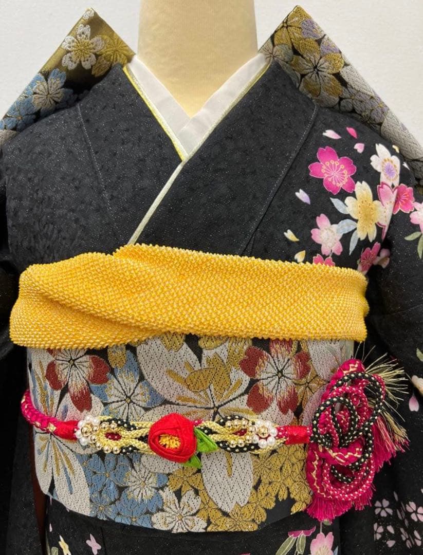 振り袖　フルセット　別誂長襦袢　黒　成人式　金彩加工　刺繍入り　銀通し　768