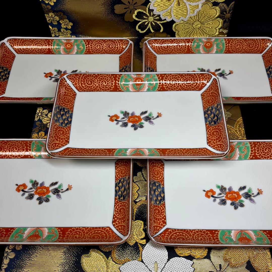【古伊万里意匠】 前畑陶器 醍醐窯 金襴手 長角皿 セット 金彩 色絵 赤絵
