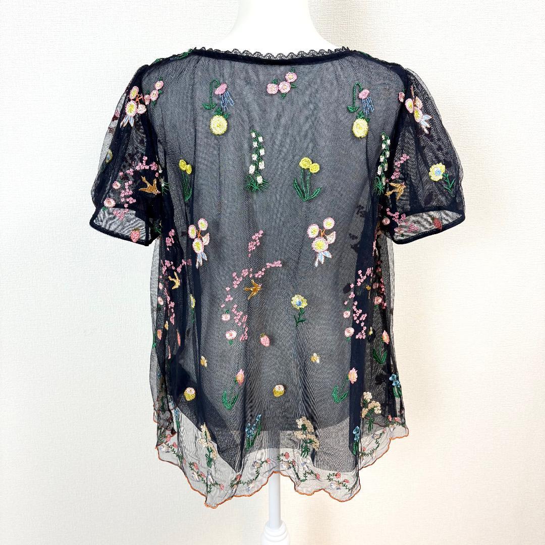 【美品】 franche lippee 半袖シアートブラウス 5 ネイビー 刺繍