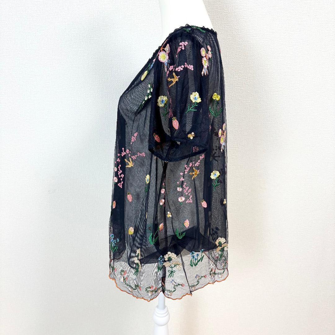【美品】 franche lippee 半袖シアートブラウス 5 ネイビー 刺繍