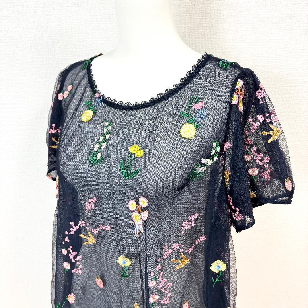 【美品】 franche lippee 半袖シアートブラウス 5 ネイビー 刺繍