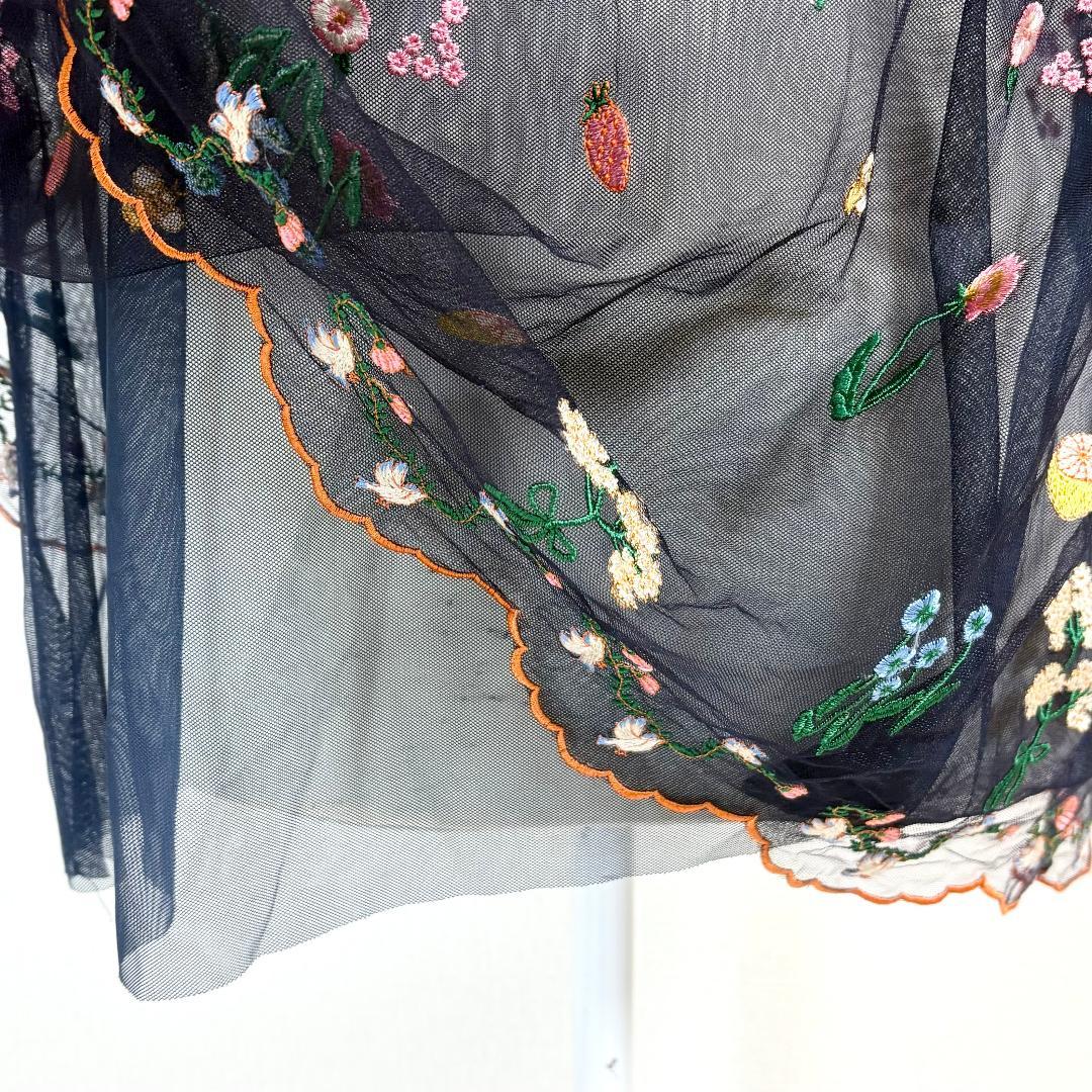 【美品】 franche lippee 半袖シアートブラウス 5 ネイビー 刺繍