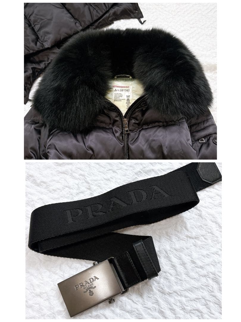 美品✨PRADA高級 ブルーフォックスファー　三角ロゴ　ベルト付き　ダウンコート