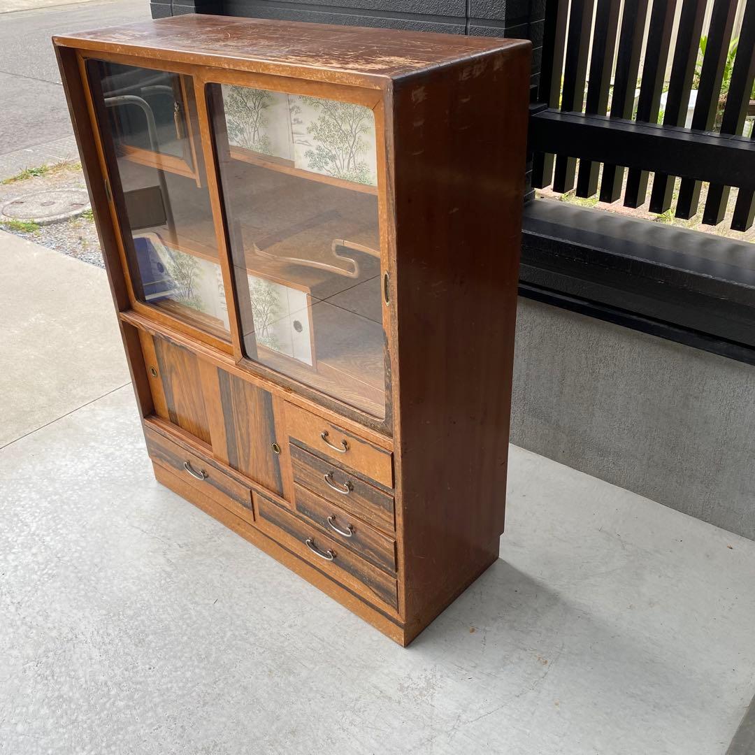 自宅長期保管品 茶箪笥 茶タンス ガラス戸 ビンテージ アンティーク 昭和レトロ