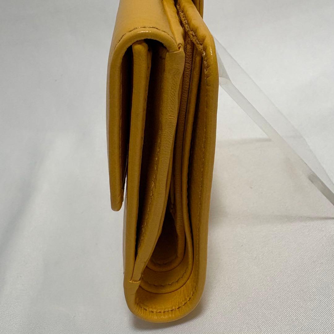 未使用級 ヒロフ 折り財布 H ロゴ型押し シボ革 レザー コンパクト イエロ