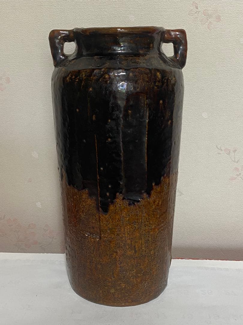♦希少！大樋焼 時代物 飴釉箆面取り 双耳壺 瓶 華道 茶道具 花生け 骨董品