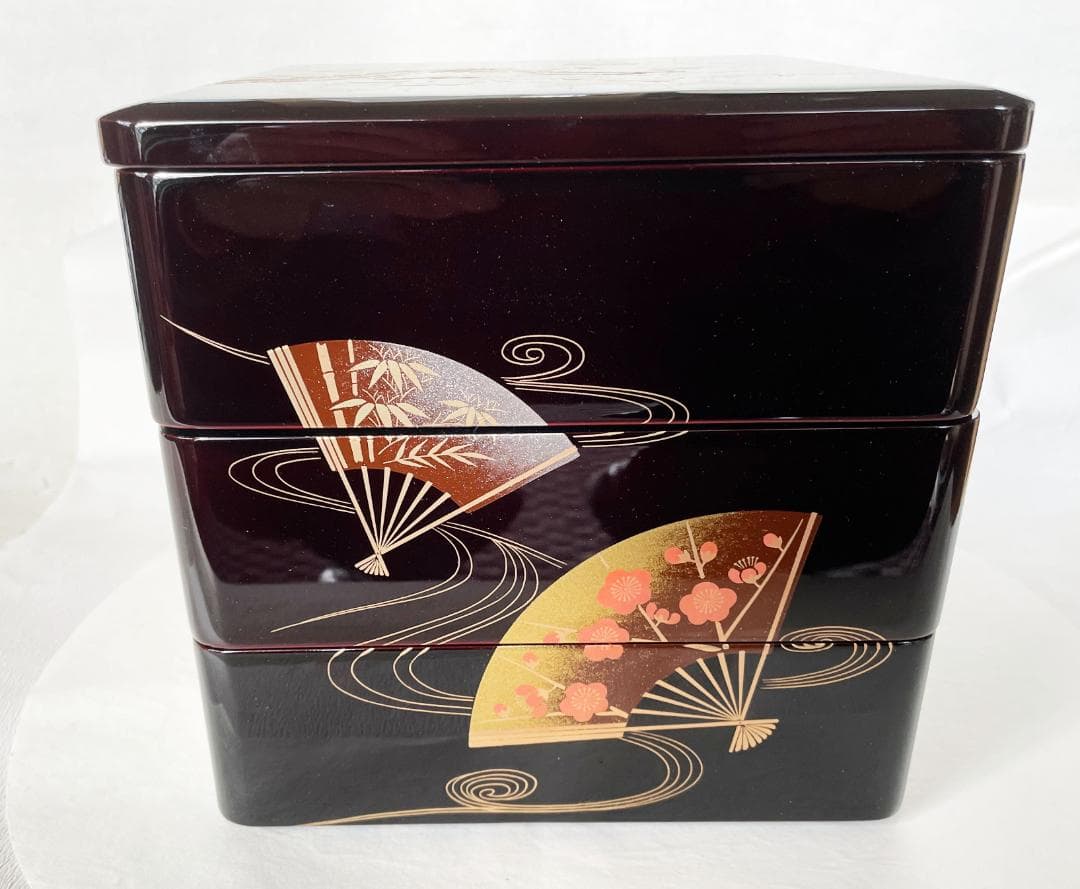 重箱 おせち 三段重 木製扇面花丸松竹梅蒔絵 溜内朱 6.5寸 20cm 漆器