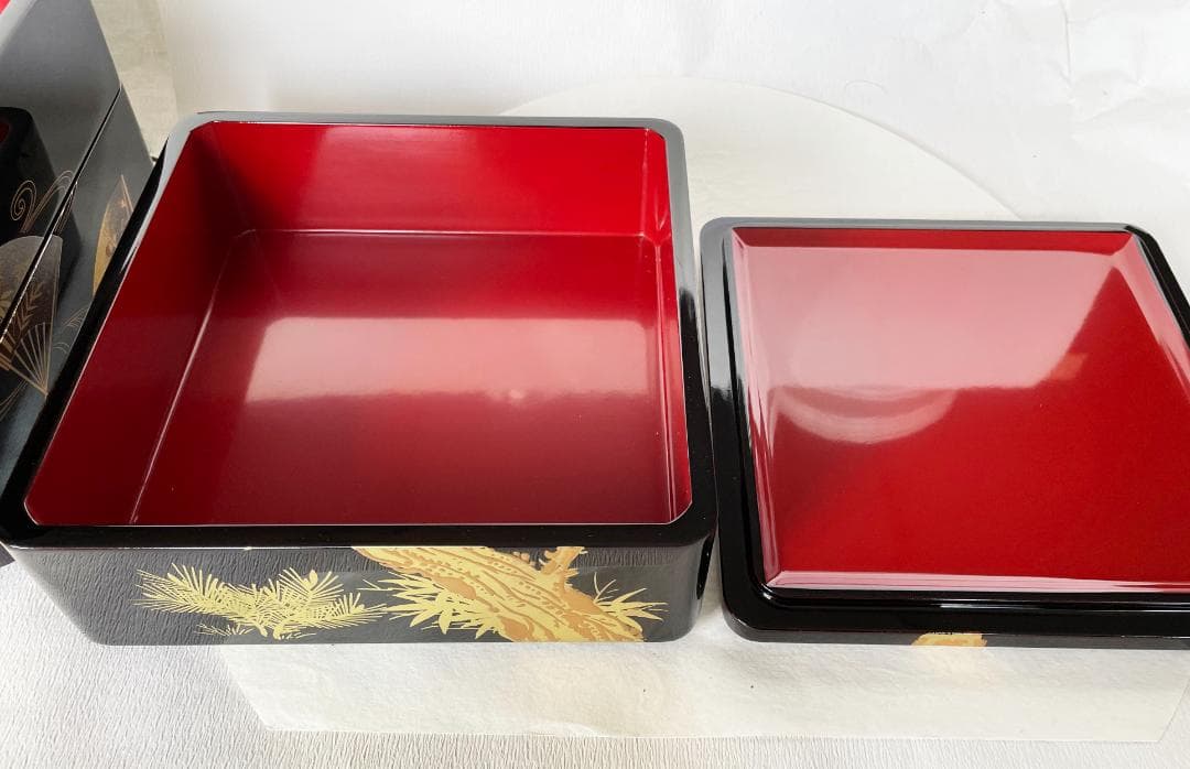 重箱 おせち 三段重 木製扇面花丸松竹梅蒔絵 溜内朱 6.5寸 20cm 漆器