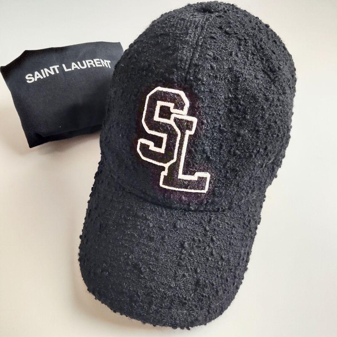 美品 サンローランパリ ツイード SL ロゴ キャップ ブラック ユニセックス