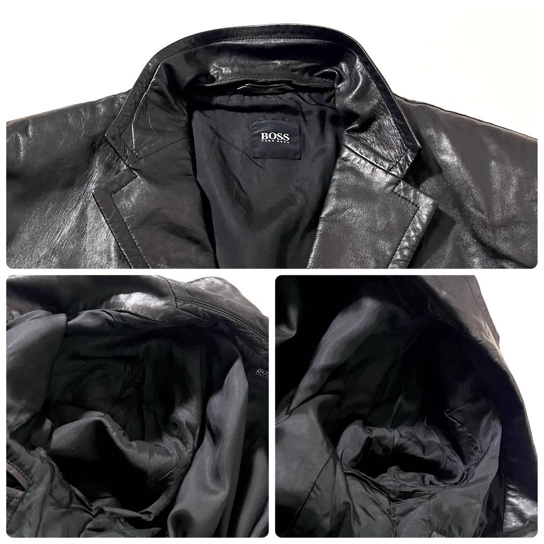 【美品】HUGO BOSS　ラムレザー テーラード ジャケット　54サイズ　黒