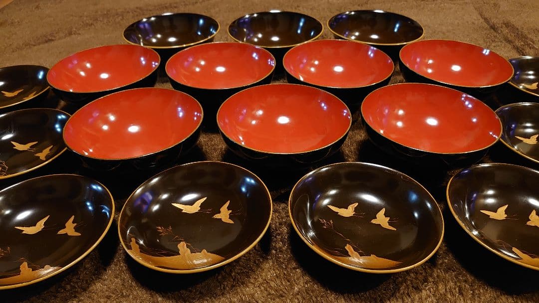輪島塗　金蒔絵　蒔絵　波千鳥　蓋椀　１０客