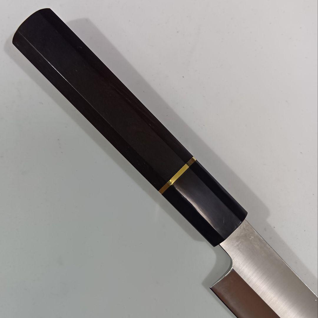 ステン本焼V金10号先丸柳刃包丁30cm黒水牛黒檀八角柄