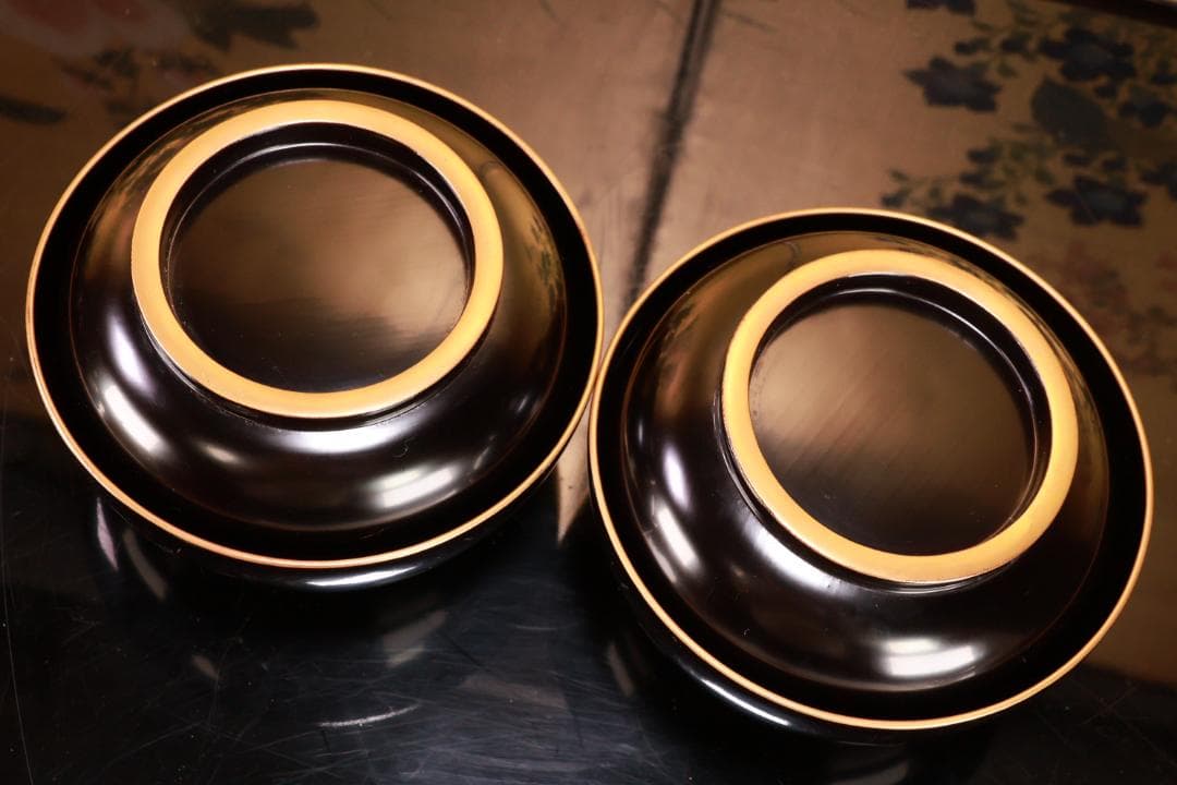BJ018　輪島塗　布着堅地　盛岡庄五郎 作　縁金 草花金蒔絵椀　二客　木製