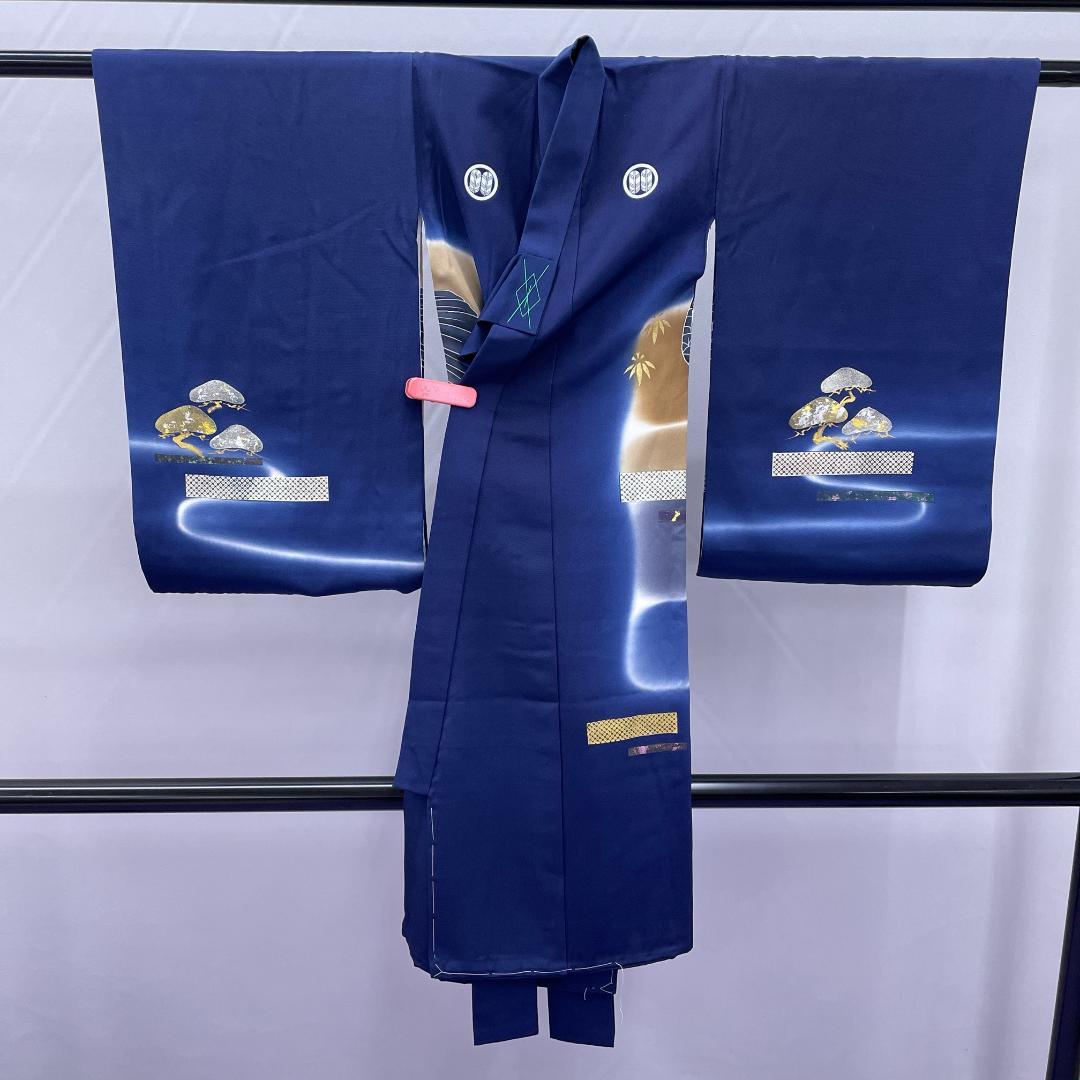 Y★4001★ 七五三 男の子 着物 かけ着 男児 一つ身 黒 紋入り