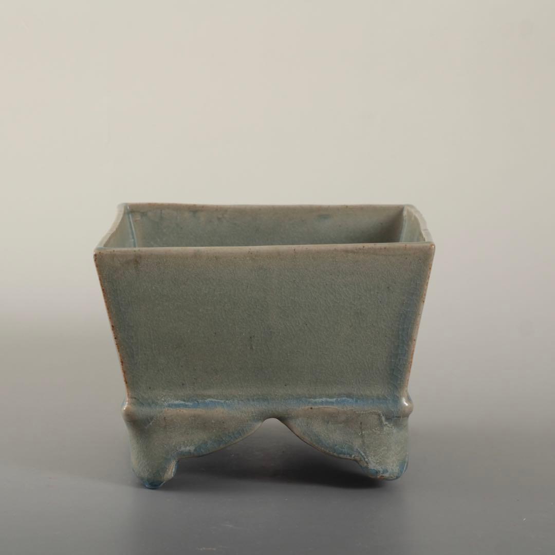 天晴釉 四方形 香炉 倣古 仿汝釉 清朝期？ 中国美術 青磁香炉 古美術 古道具