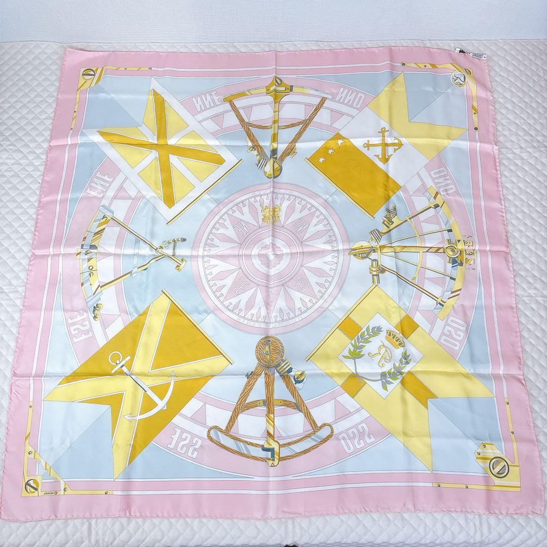 【良品】 エルメス HERMES カレ90 六分儀 スカーフ シルク ピンク