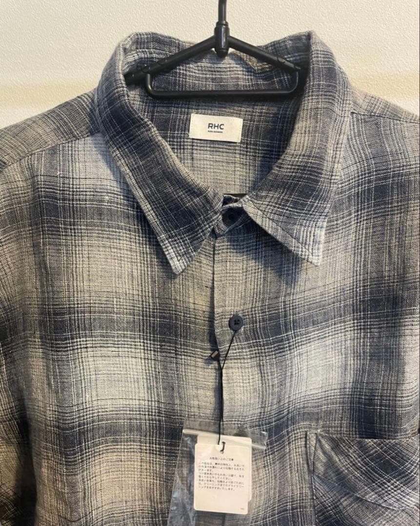 (超美品)RonHermanRHCオンブレチェック柄 リネン長袖シャツ グレー系