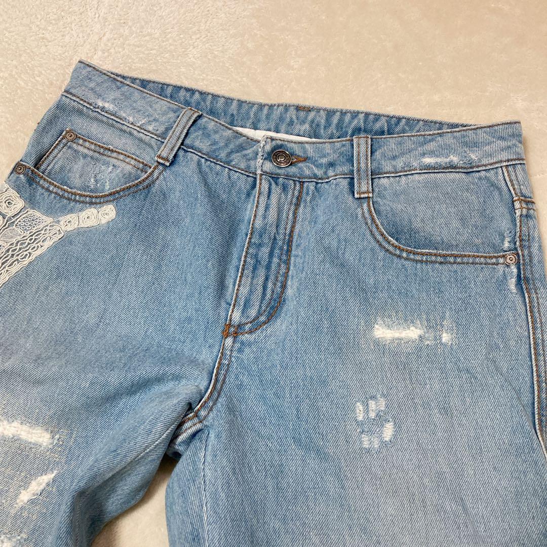 【美品】ERMANNO SCERVINO デニム レース装飾 ダメージ加工