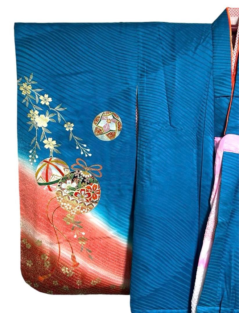 七五三　7歳　四つ身着物、長襦袢セット　濃いスカイブルー　正絹