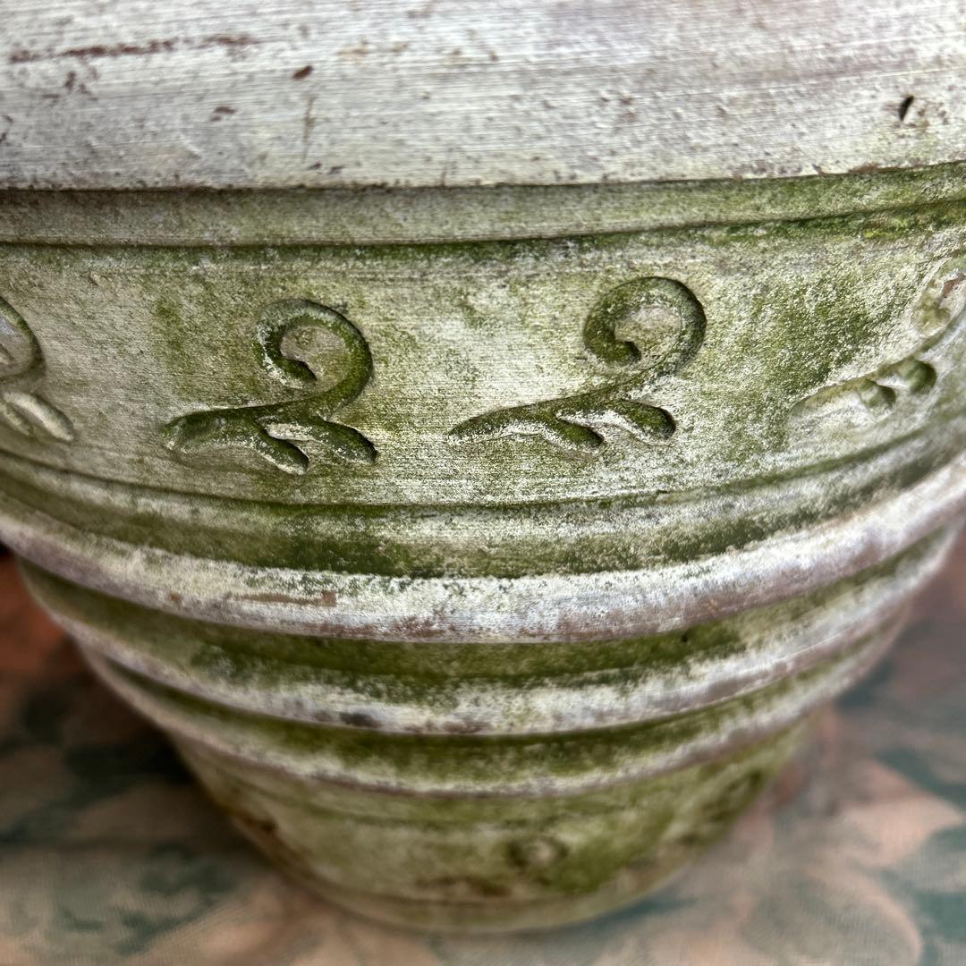 貴重 古代模様のレリーフラウンドポットW28cmクリームベージュテラコッタ穴有り