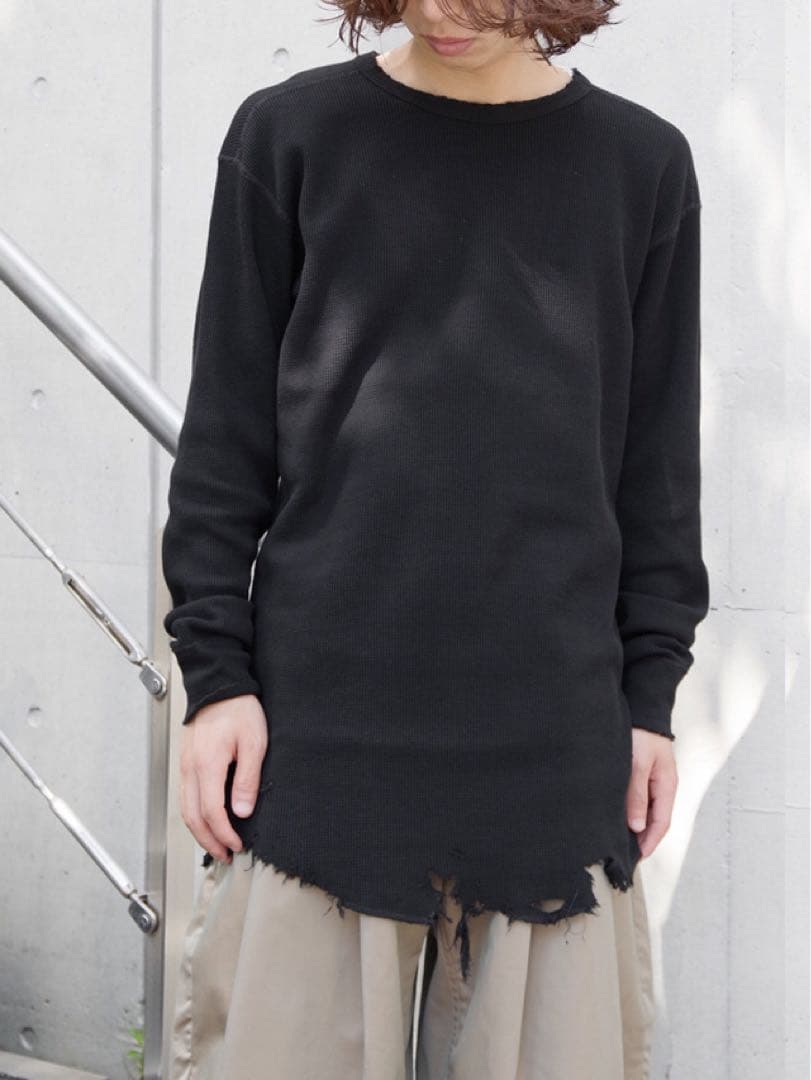 アンセルム DAMAGE WAFFLE カットソー 長袖Tシャツ 黒 １